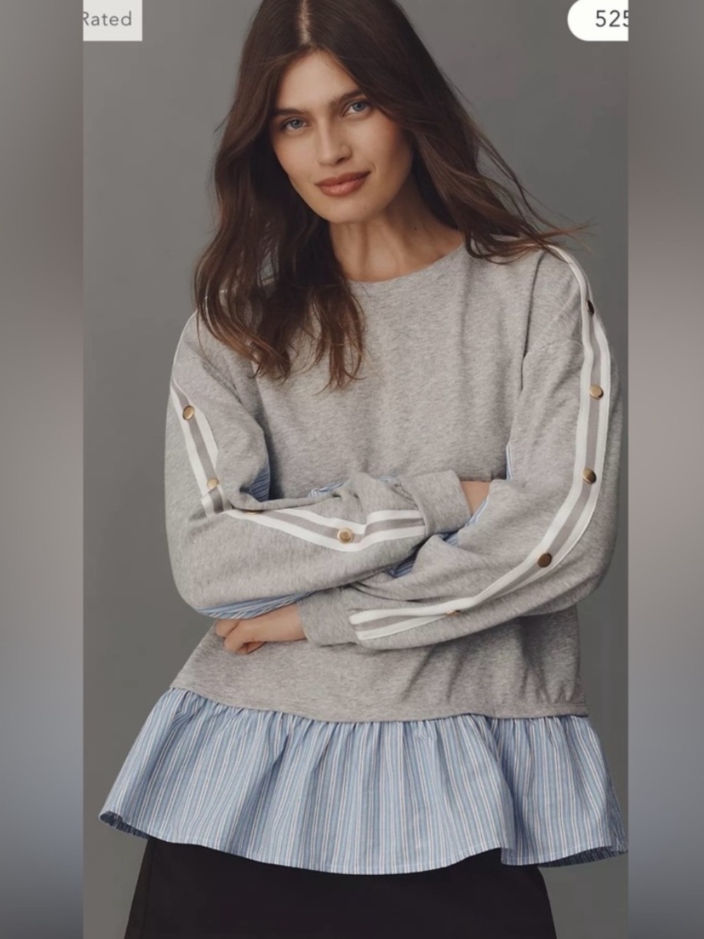 Maeve Gray Sweatshirt with Blue Striped Hem and Button-Trim Sleeves